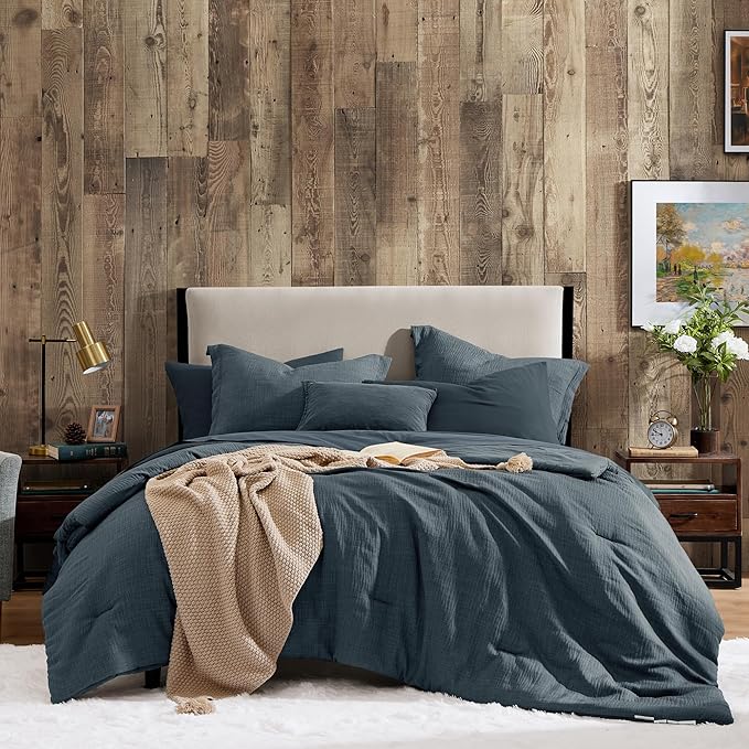 Geniospin Oversized Queen Comforter Set - 7 Pieces Navy Blue Oversized Queen Bedding Set, Solid Bed Set for All Season, Textured Bed in a Bag with Flat Sheet and Fitted Sheet, Pillowcases and Shams
