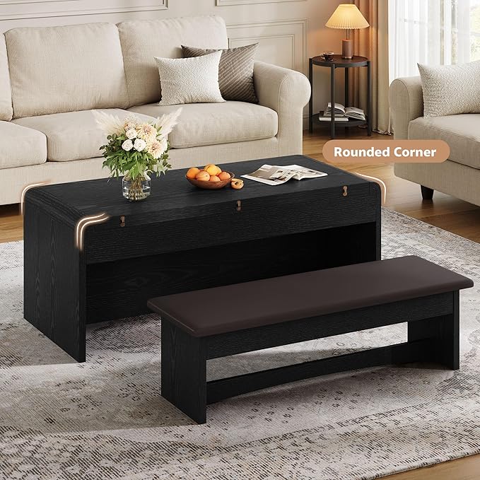 Coffee Table Lift Top, 40'' Multi-Function Coffee Table Set with Bench & Hidden Compartment, Center Table w/Curved Corner, Converts to Home Office Table, Dining Table for Living Room, Black