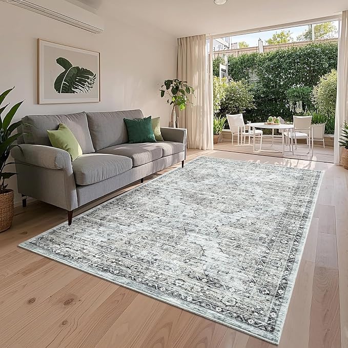 8x10 Rug Washable Vintage Distressed Oriental Large Rug Soft Bedroom Carpet Non-Slip Low Pile Living Room Large Rugs Retro Floral Floor Carpet for Farmhouse Home Decor Playroom, Blue Brown