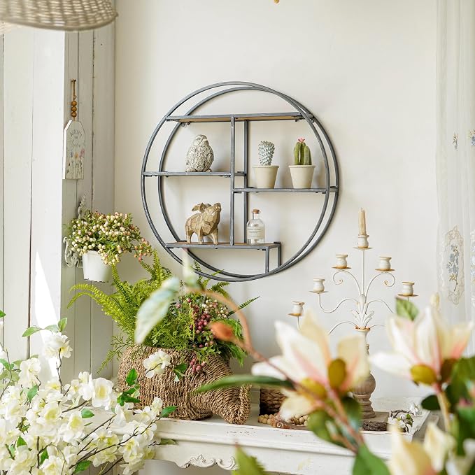 Industrial Style Round Wall Shelves, 3 Tier Decorative Floating Ledge Shelves, Wall Mounted Metal Bracket Wooden Display Hanging Shelf