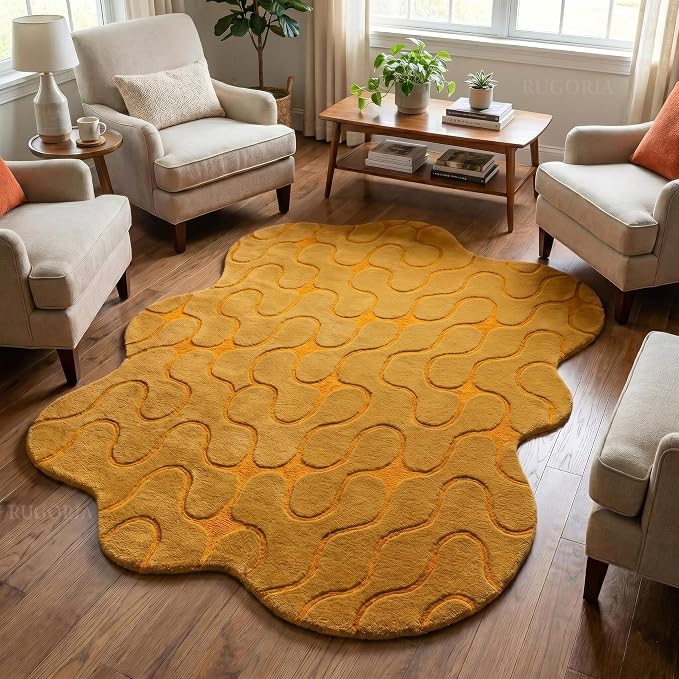 Hand-Tufted Abstract Wool Area Rug, Irregular Organic Shape with Wavy Pattern, Soft Plush Handmade Carpet for Living Room, Bedroom & Home Décor, Cotton Backing (Mustard Yellow, 4' x 6')