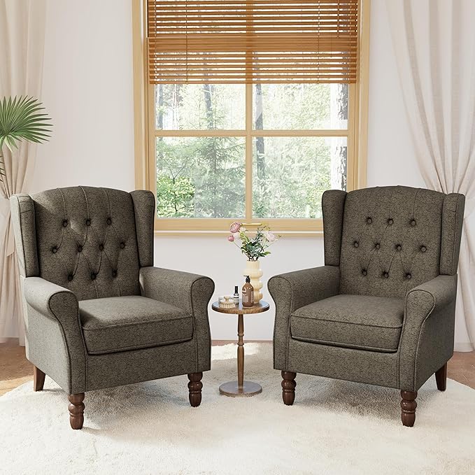 Accent Chairs Set of 2, High Back Upholstered Chair with Button Tufted, Mid-Century Modern Comfy Wingback Chair Reading Armchair in Fabric for Living Room for Bedroom, Office-Taupe