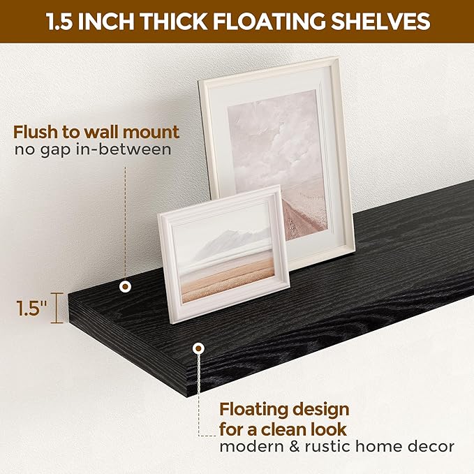 Fun Memories 16 Inch Long Floating Shelves in Black, 9.3 Inch Deep Floating Shelf for Wall, Living Room, Kitchen, Rustic Deep Wood Shelves for Bathroom, 2 Pack Storage Display Shelf for Books, Decor