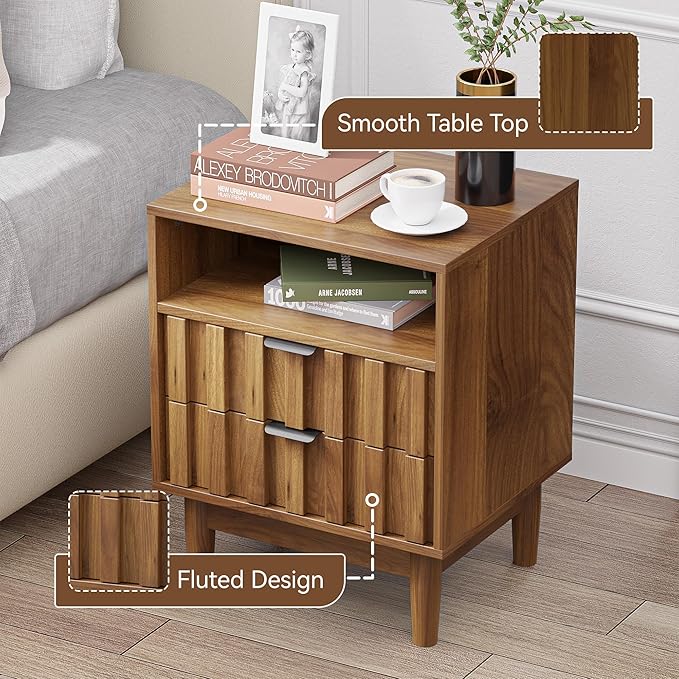 Fluted Nightstand Set of 2 with 2 Drawers, 19" Wide Night Stand with Solid Wood Legs, Open Storage Shelf, Mid Century Modern Wooden Bedside Table for Bedroom, Bed End Side Table, Walnut