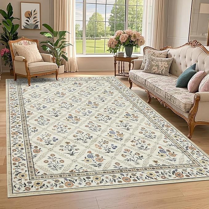 GarveeHome Large Entryway Rug 3x5 Floral Washable Area Rugs Vintage Soft Non-Slip Small Floor Carpet Doormat Stain Resistant Low-Pile Ultra-Thin Entry Mat for Bedside Kitchen Beige