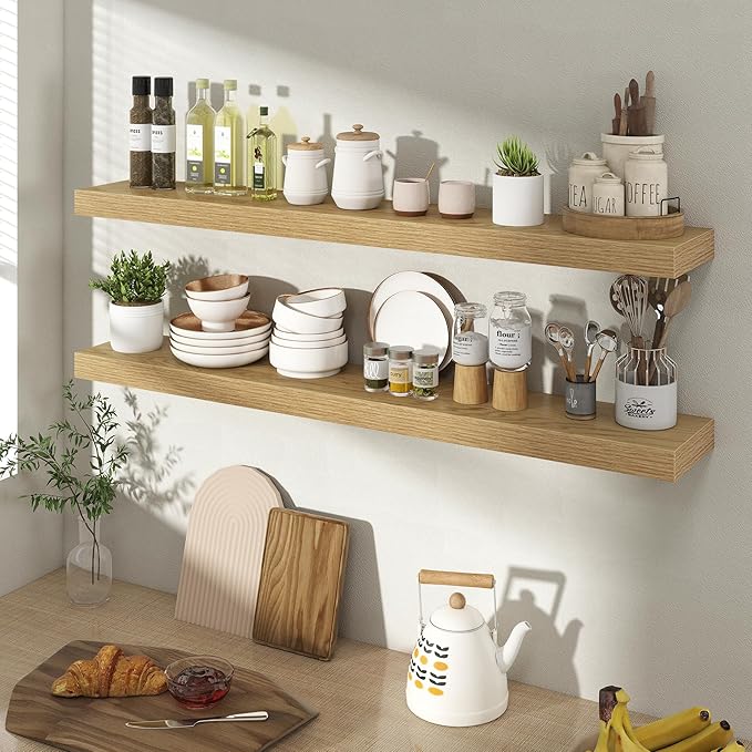 40 Inch Floating Shelves for Wall 2 Pack, 40" Wall Shelves for Books, Storage, Decor, Wall Mounted Floating Shelf with Invisible Brackets for Kitchen, Living Room, Oak
