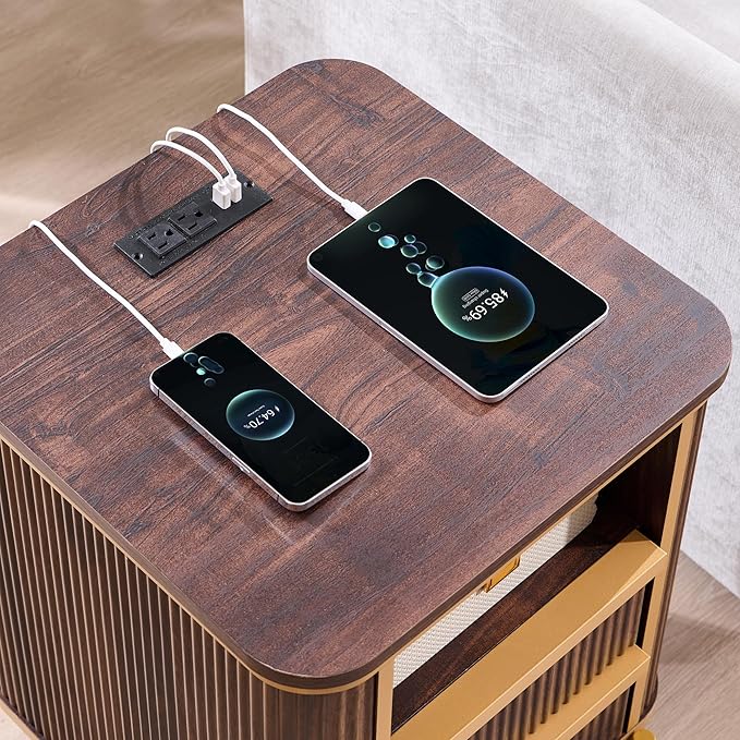 OKD Modern Chic Fluted Nightstand Set of 2 Luxury with Charging Station, End Table/Bed Side Table w/2 Drawers, Faux Marble Tabletop, Gold Metal Decor, Curved Edge Design, Dark Walnut