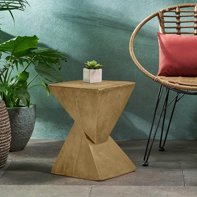 ø12.5'' Square Hourglass Side Table End Table for Living Room, Modern Retro Style, Magnesium Oxide & Light Weight for Indoor & Outdoor, No Assembly, Wood Grain, Light Natural