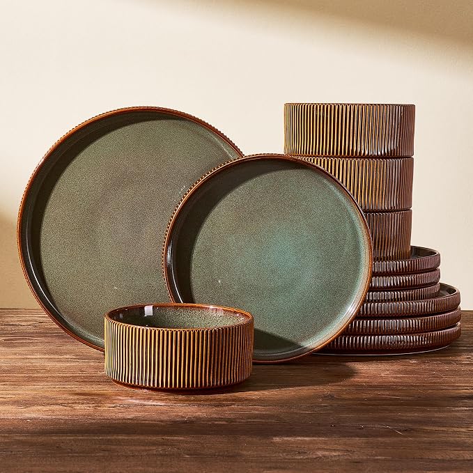 Stoneware Dinnerware Sets, Handcrafted Double Reactive Glaze Plates and Bowls for Everyday & Formal Dining, Microwave & Dishwasher Safe, Scratch Resistant Dishes Service for 4 (12-Piece), Moss Cocoa