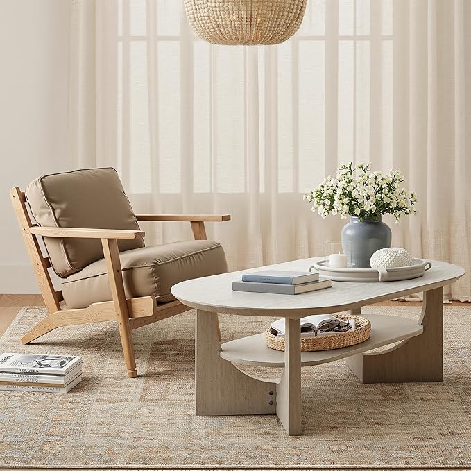 Modern Oval Coffee Table, 2 Tier Faux Stone Coffee Table with Storage Shelf & Sturdy Base, 47 Inch Minimalist Wood Center Tea Tables for Living Room, Apartment, Office, Stone Color