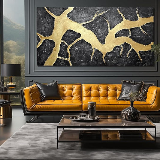 DNIEOTU Hand Painted Abstract Wall Art for Living Room, Black and Gold Canvas Wall-Decor for Bedroom, 3D Textured Paintings for Hallway Office, Large Size 80 x 40 Inches