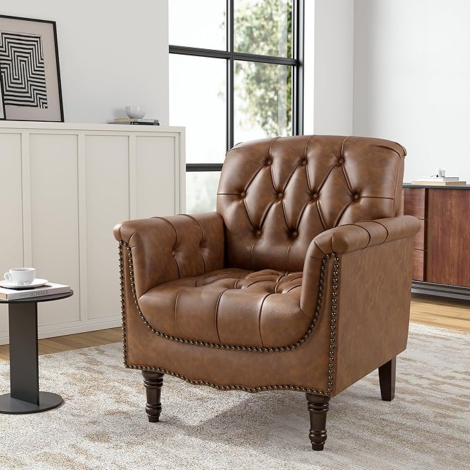 Faux Leather Club Chair, Retro Upholstered Armchair Accent Chair with Solid Wood Legs & Nailhead Trim for Living Room, Bedroom, Reading Room, Brown