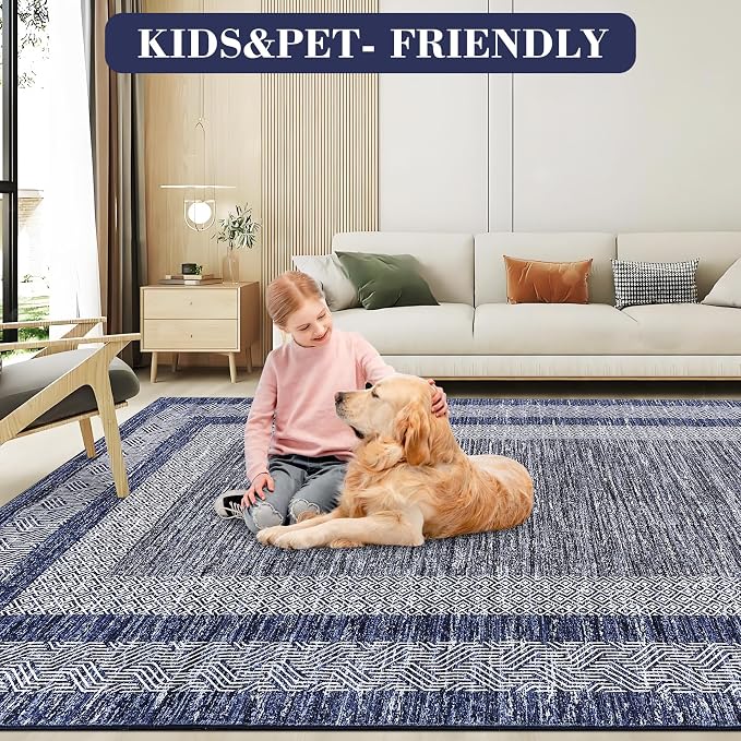 GarveeHome 2x6 Modern Bordered Runner Rug Soft Non Slip Runner Washable Non Shedding Floor Carpet, Distressed Geometric Hallway Runner, Indoor Printed Runner for Kitchen, Entrance, Blue