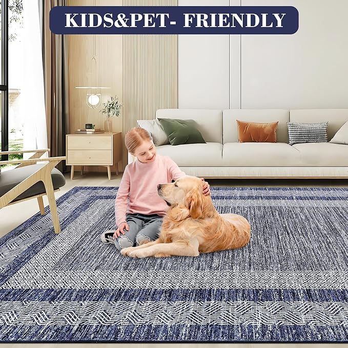 GarveeHome Washable 2.5x10 Kitchen Runner Navy Blue Rug, Easy Clean Geometri Rugs for Hallway Entryway, Indoor Outdoor Non Slip Rug Farmhouse Morden Carpet Door Mat Area Rug for Laundry Room Grey