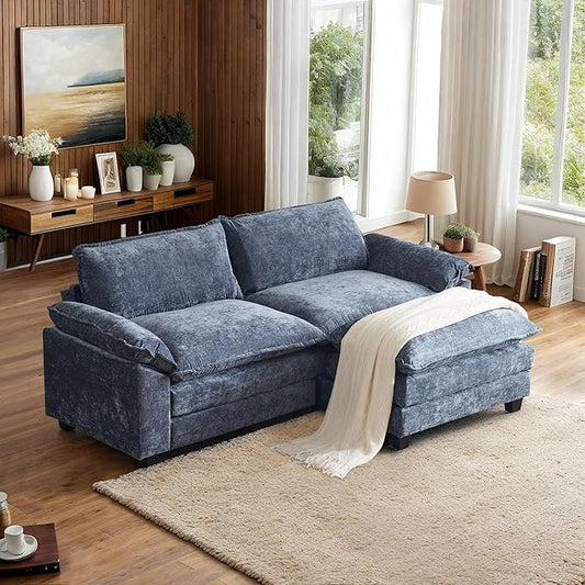 VINGLI 87" Cloud Sectional Sofa, Comfy L-Shaped Extra Deep Seat Sofa Couch for Living Room,Modern 2-Seat Convertible Loveseat Sofa with Ottoman for Small Space(Navy Blue)