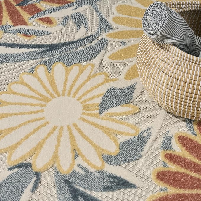 Nourison Home Aloha Ivory Rose 7'10" x 10'6" Area Rug - Easy Clean, Non Shedding, Bed Room, Living Room, Dining Room, Kitchen (8' x 11')