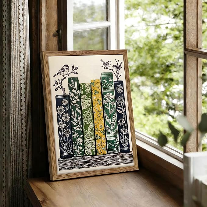 Framed Vintage Botanical Books Canvas Wall Art, Floral Books with Birds Poster Print, Retro Nature Library Reading Gift, Modern Literary Wall Decor for Study Living Room Office 12x16in