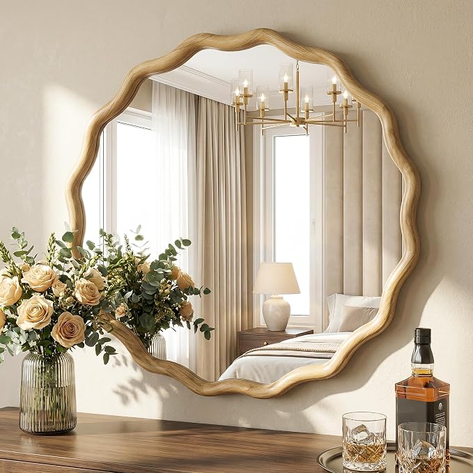 TRAHOME Round Wood Mirrors for Wall, 28" Boho Circle Wavy Mirror with Wooden Frame, Decorative Mirror with Tempered Glass, Natural Wooden Frame Vanity Mirror for Bedroom, Living Room, Entryway