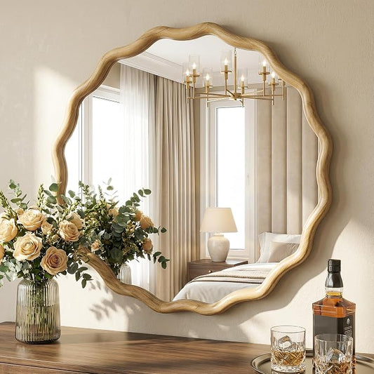 TRAHOME Round Wood Mirrors for Wall, 28" Boho Circle Wavy Mirror with Wooden Frame, Decorative Mirror with Tempered Glass, Natural Wooden Frame Vanity Mirror for Bedroom, Living Room, Entryway