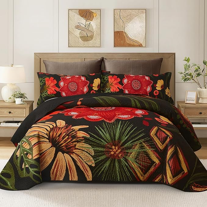 2 Piece Black Red Boho Floral Quilt Sets Twin Size Farmhouse Reversible Lightweight Bedspread Coverlet with 1 Sham Vintage Mid Century Microfiber Bedding Quilts Set for All Season, 68''x86''