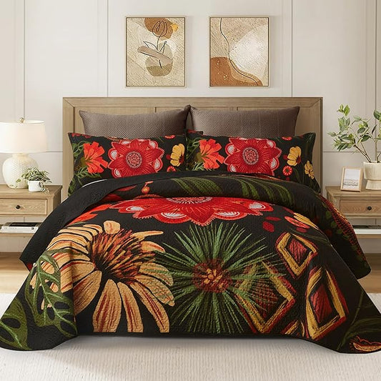 2 Piece Black Red Boho Floral Quilt Sets Twin Size Farmhouse Reversible Lightweight Bedspread Coverlet with 1 Sham Vintage Mid Century Microfiber Bedding Quilts Set for All Season, 68''x86''