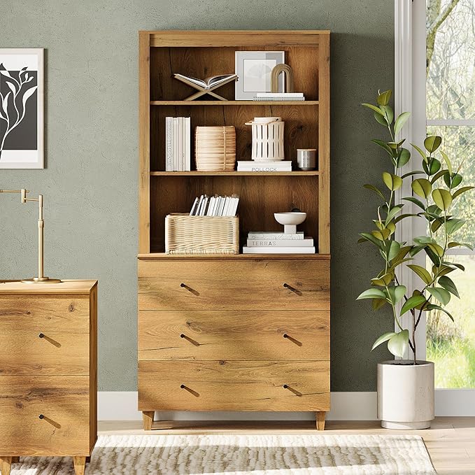 WAMPAT 71" Tall Bookcase with 3 Drawers & Open Shelves, Modern 3-Tier Bookshelf with Adjustable Shelf, Floor Standing Wooden Display Book Shelf for Home Office, Living Room, Bedroom, Oak Brown