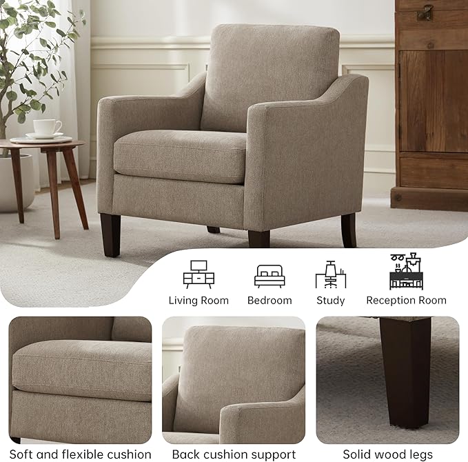 VKNOW Mid Century Modern Accent Chair, Upholstered Living Room Chairs Armchair for Bedroom, Comfy Reading Accent Chairs with Wood Legs for Living Room (1, Brown)