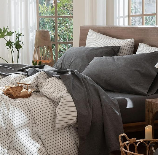 MooMee Bedding Sheet Set 100% Washed Cotton Linen Like Textured Breathable Durable Soft Comfy (Heathered Dark Grey, Full)
