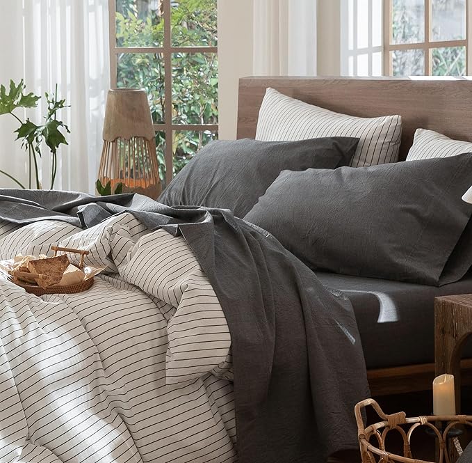 MooMee Bedding Sheet Set 100% Washed Cotton Linen Like Textured Breathable Durable Soft Comfy (Heathered Dark Grey, California King)