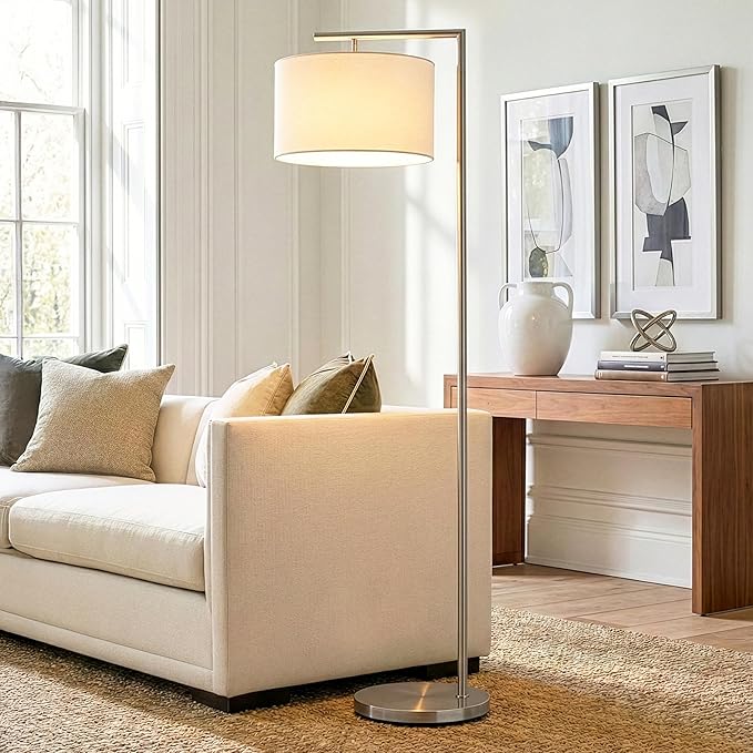 Brightech Montage Modern Floor Lamp - LED Standing Lamp with White Shade and Adjustable Color for Living Rooms & Offices - Tall Corner Bedroom Reading Light for Contemporary Home Decor - Satin Nickel