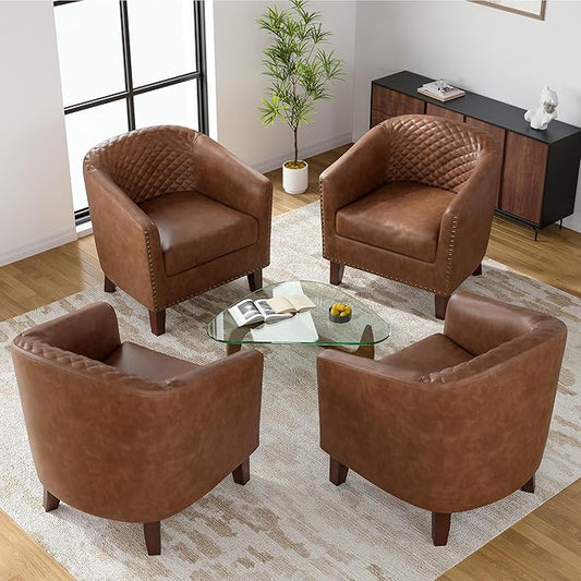 UIXE PU Leather Barrel Accent Chairs Set of 4, Modern Upholstered Armchair Round Club Chair for Living Room, Comfy Nailed Trim Arm Chair Bedroom Side Reading Seat - Brown