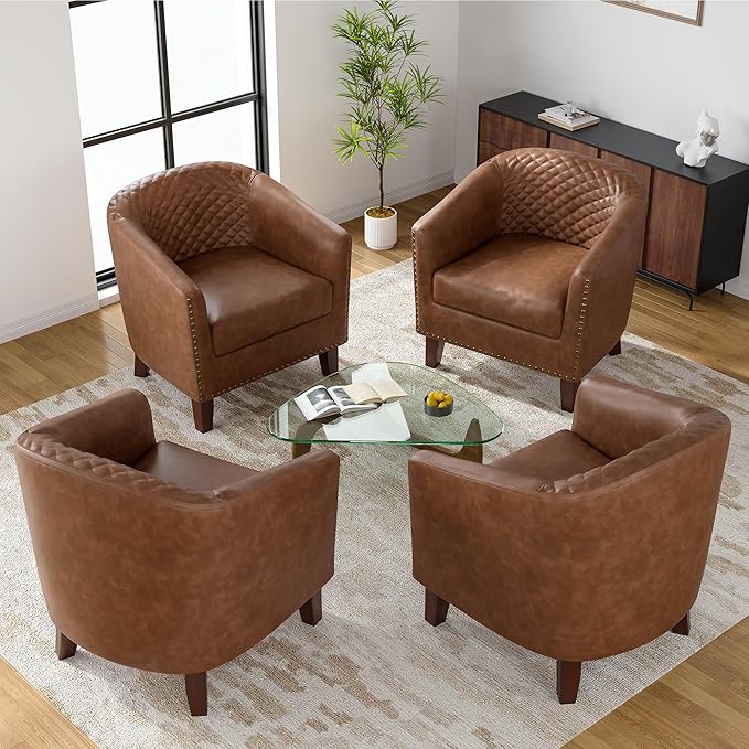 UIXE PU Leather Barrel Accent Chairs Set of 2, Modern Upholstered Armchair Round Club Chair for Living Room, Comfy Nailed Trim Arm Chair Bedroom Side Reading Seat - Brown