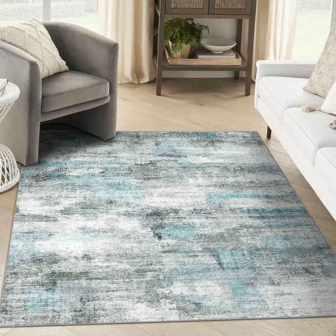 5x7 Area Rugs - Ultra-Thin Washable Rug with Non-Slip Backing, Ideal for Living Room, Bedroom, Kitchen Floor Carpet - Modern Abstract Style, Easy Clean, Durable, Low Pile Teal