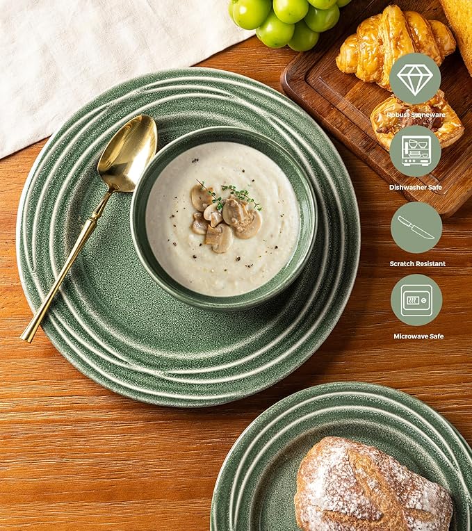 GBHOME Ceramic Dinnerware Sets,12 pcs Embossed Elegant Stoneware Plates and Bowls Sets, Housewarming Wedding Gift | Dishwasher & Microwave Safe | Dishes Set Service for 4