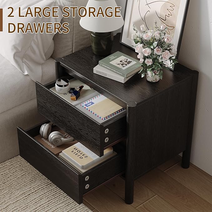 CHUWELL 2 Drawer Dresser for Bedroom, 19.7" Wide Mid Century Chest of Drawers with 4 Solid Wood Cylindrical Legs and 2 Large Storage Space, Wood Dresser for Bedroom(Black)