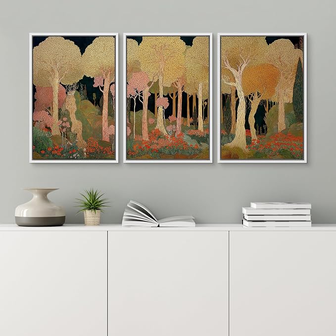 wall26 Framed Print Wall Art Set Art Nouveau Golden Forest Whimsical Vintage Tree and FloralDecorative Minimal Relax/Zen for Living Room, Bedroom, Office - 24"x36"x3 WHITE