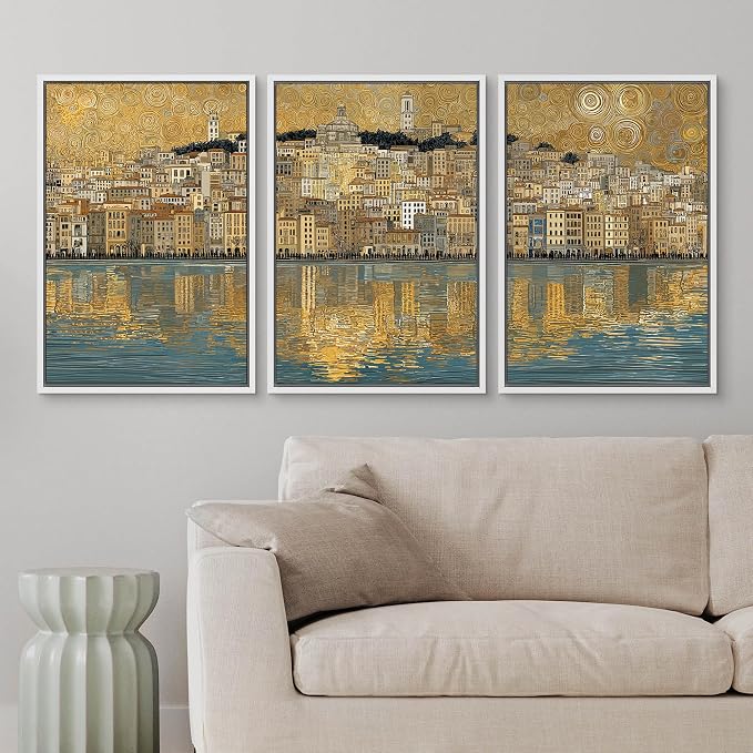 wall26 Framed Print Wall Art Set Golden Cityscape Reflection Gustav Klimt Inspired Coastal TownDecorative Minimal Relax/Zen for Living Room, Bedroom, Office - 24"x36"x3 WHITE