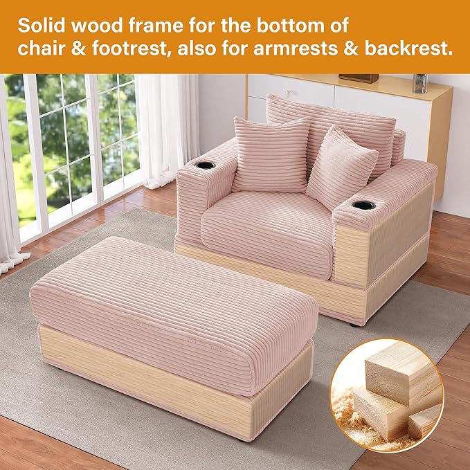 Oversized Chaise Lounge Chair Indoor with Adjustable Backrest, USB, Cup Holder & Ottoman, Firm Solid Wood Frame with Long Service Life Corduroy Oversized Lounge Reading Chair for Study Room - Pink