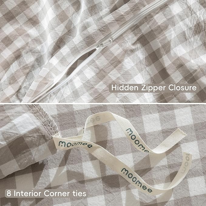 MooMee Gingham Duvet Cover Set 100% Washed Cotton Linen Like Textured Breathable Durable Soft Comfy Modern Checkered Design (Tannish Linen Grey Gingham, Full 80"x90")