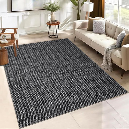 9x12 Area Rug Washable Modern Braided Rug for Living Room Low Pile Soft Bedroom Rugs Non Slip Modern Indoor Large Carpet Thin Foldable Distressed Woven Print Carpet for Nursery Dining Playroom, Black