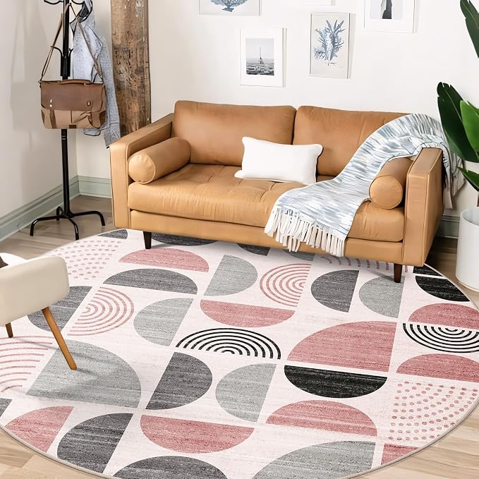 MUJOO Round Rugs 6ft,Circle Area Rug Washable,Circular Rugs for Living Room Dining Room,Large Boho Non Slip Throw Floor Carpet Modern Abstract Pink and Grey