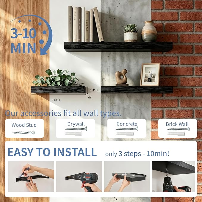 Floating Shelves Bathroom for Wall, Bathroom Shelves Over Toilet, Wall Shelves & Book Shelf, Hanging Shelf, Modern Wooden Wall-Mounted Small Floating Shelves, 12x7x1.5 in (Black, Set of 2)