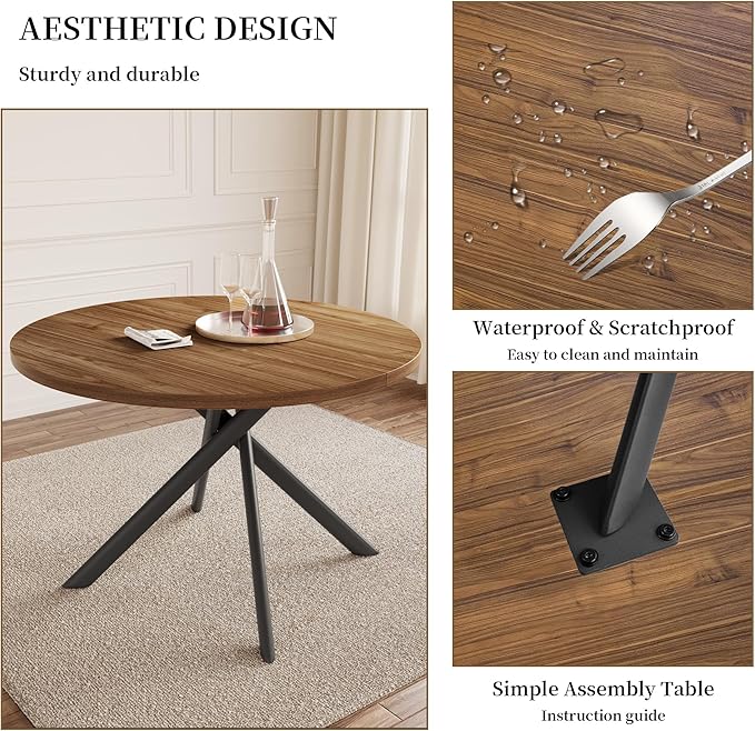 45.3 Inch Modern Round Dining Table for 4, Space-Saving Dinette with Carbon Steel Legs for Home Kitchen Apartment(Light Walnut Table)