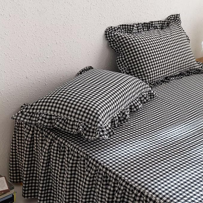 mixinni Black White Gingham Ruffle Duvet Cover Twin XL Size 3 Pieces – 100% Washed Cotton, Vintage Plaid Ruffled Bedding Set with Zipper Ties, Soft Checkered Grid Farmhouse Chic Comforter Cover Set