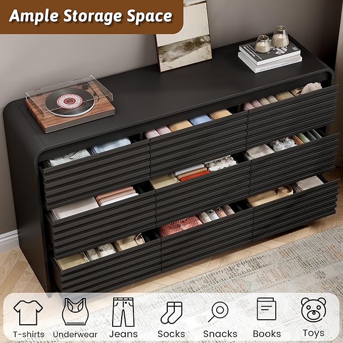Fluted 9 Drawer Dresser for Bedroom, 59" Wide Wood Chests of Drawers with Curved Profile, Mid Century Modern Dresser with Large Storage & Hidden Handle for Living Room, Hallway, Black