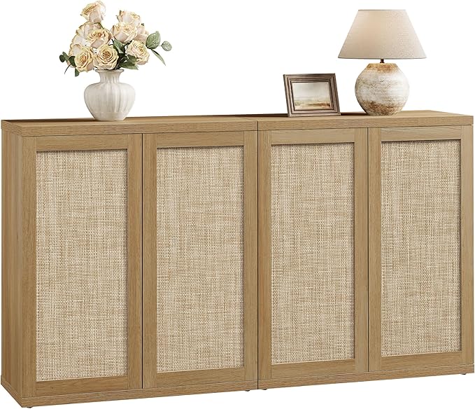 SICOTAS Rattan Sideboard Buffet Console Cabinet - 2 Pieces Boho Coffee Bar Cabinet with Storage & Adjustable Shelves, Farmhouse Credenza Stand for Living Room, Hallway, Kitchen, Oak
