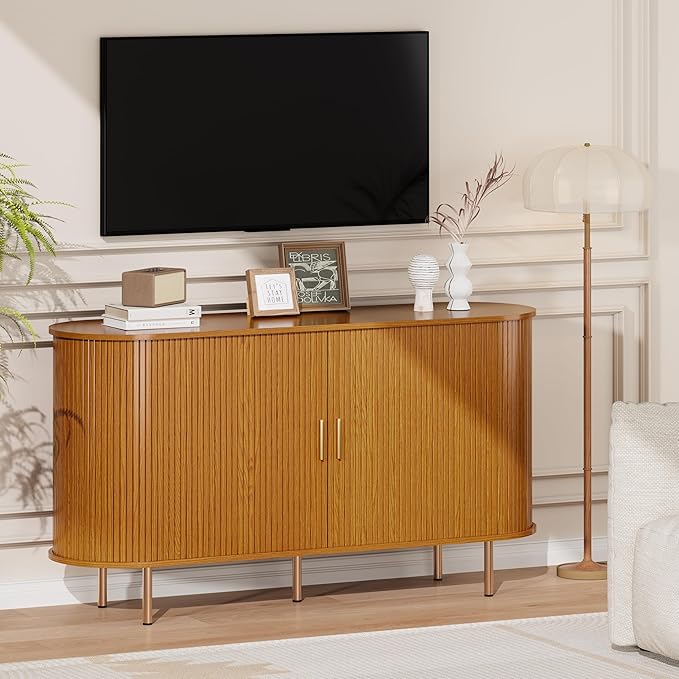 DHH Sideboard Buffet Cabinet with Storage,Mid Century Modern Fluted Accent Coffee Bar Console Table,Tambour Sliding Doors& Adjustable Shelf for Kitchen, Living Room, Entryway(Yellow Walnut 55 Inch)