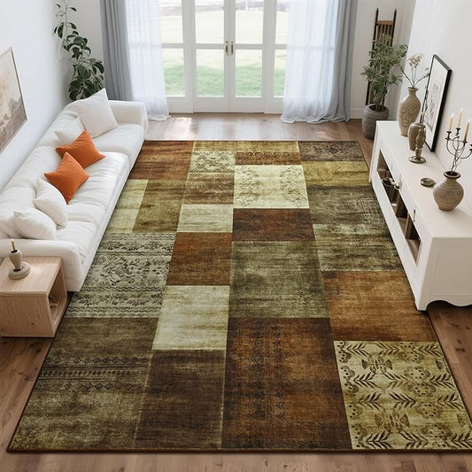 Tepook Modern Area Rugs for Living Room, 9x12 Washable Large Rug for Bedroom, Geometric Patchwork Rugs Indoor Non-Slip Throw Carpets for Dining Room Office Farmhouse Home Decor, Brown
