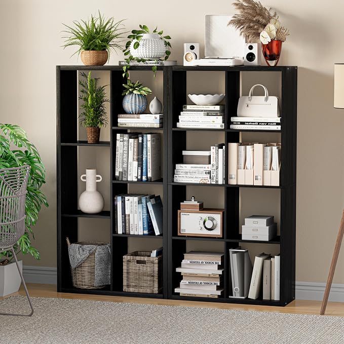 VDNEND Cube Storage Organizer Bookcase, Decorative 11 inch Open Back Cubical Shelf with Thickened Border, Display Bookshelf for Living Room, Home Office, Sturdy Room (Black, 7 Cube)
