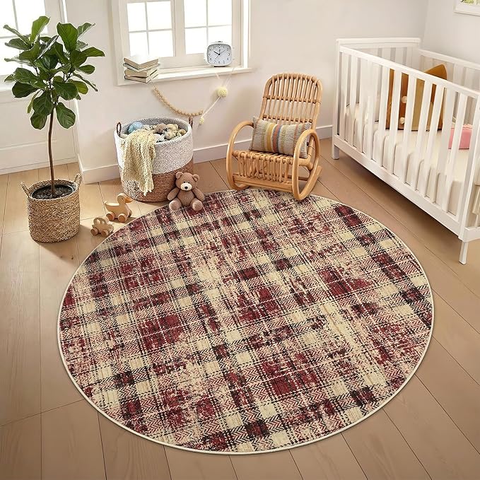 Tartan Plaid Round Area Rugs 4ft, Washable Non-Slip Soft Small Round Rug 4x4 Ultra-Thin Circle Low Pile Stain Resistant Carpet for Bedroom Entryway Kitchen Laundry Bathroom, Red